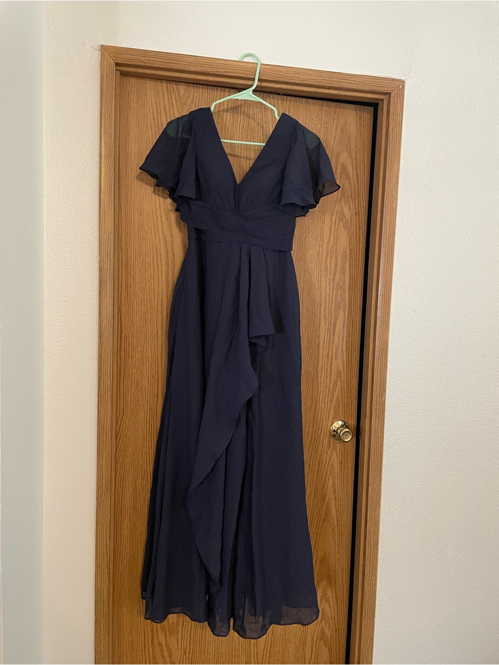 Elegant Navy V-Neck Flutter Sleeve Maxi Dress